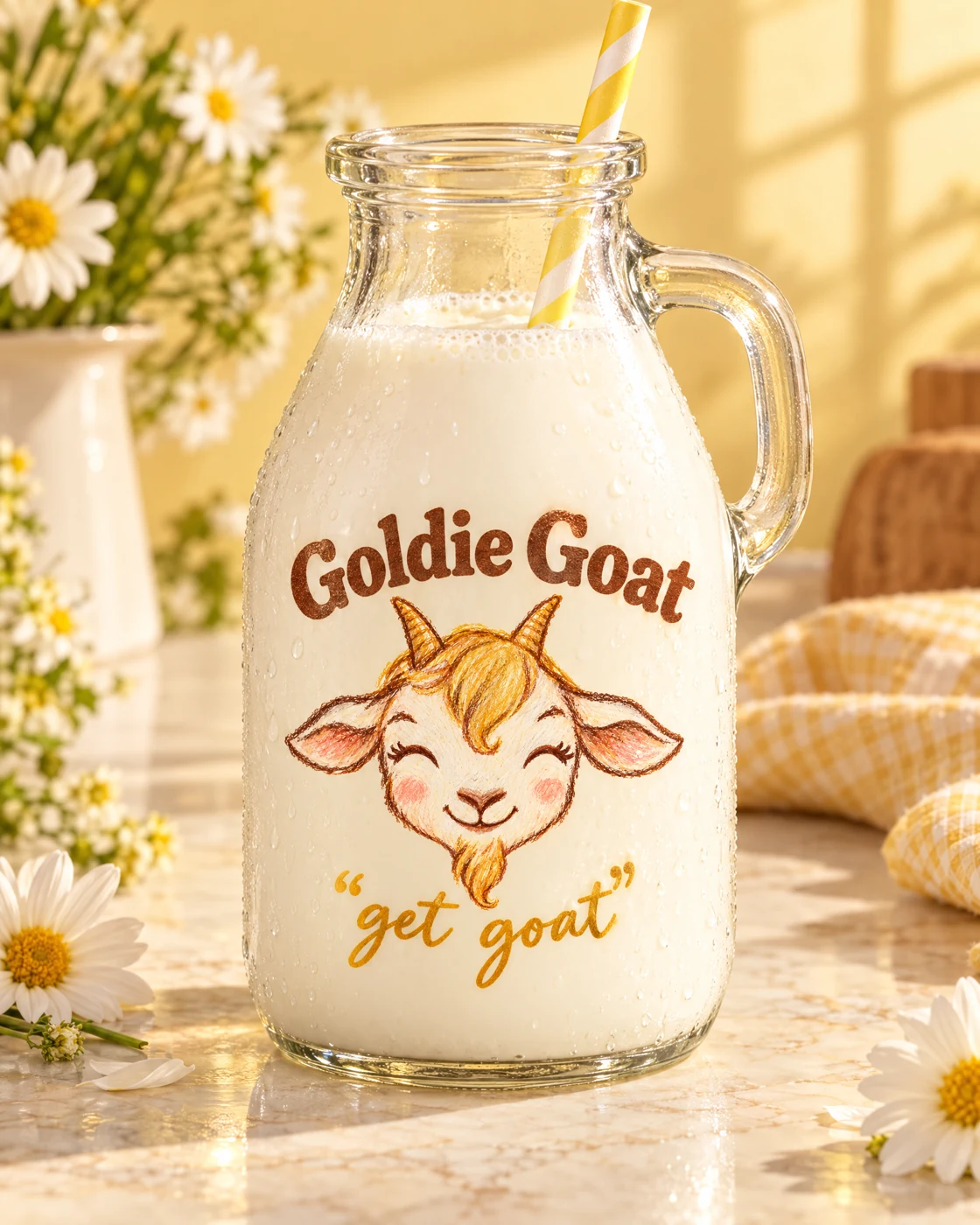 Concept glass milk jug with a handle, yellow-striped straw, Goldie's crayon goat and quoted get goat slogan