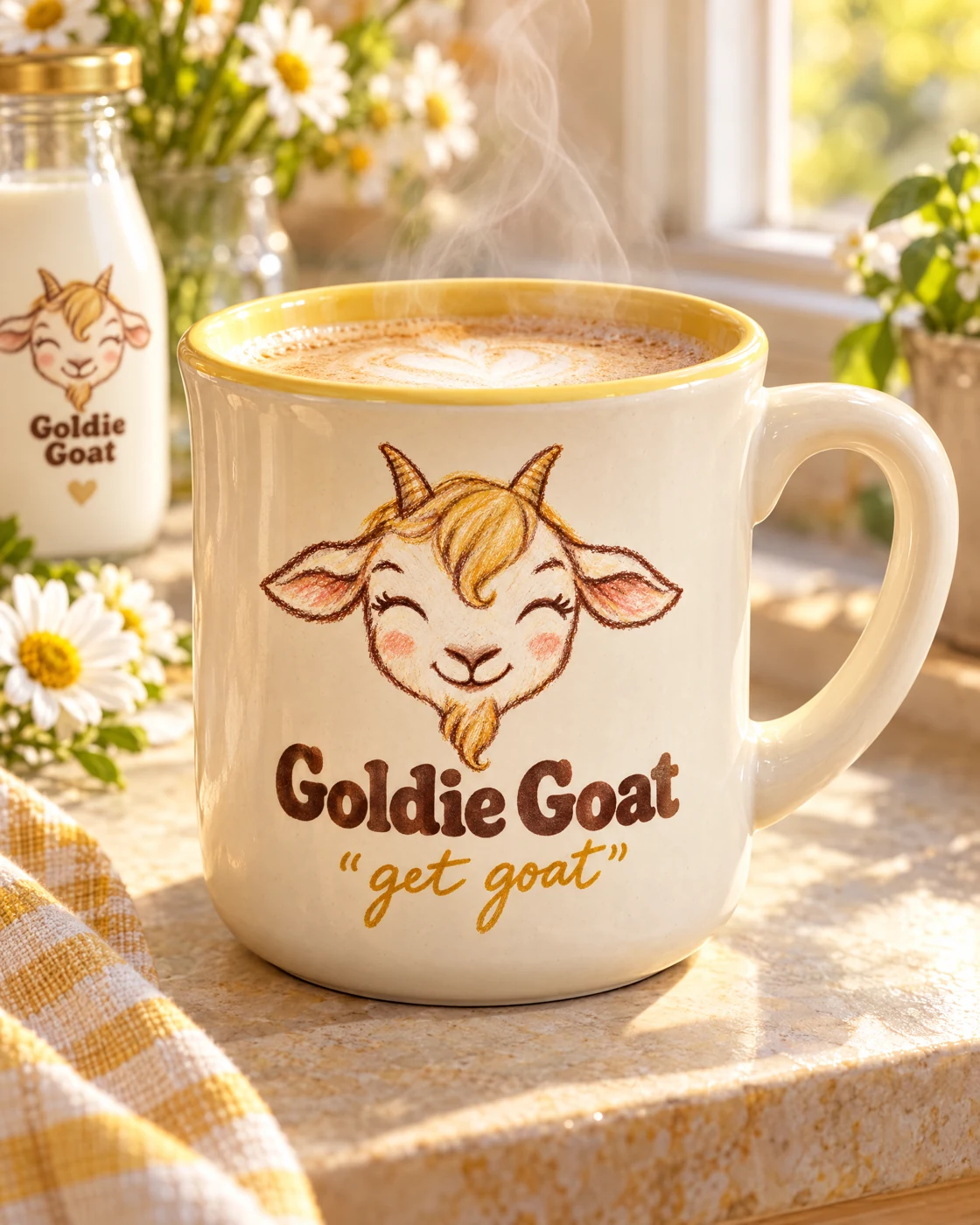 Concept cream stoneware coffee mug with yellow interior and Goldie Goat get goat artwork