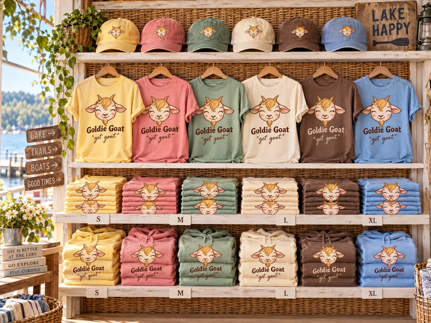 Goldie Goat concept tees and hoodies stacked on a boutique color wall in yellow, pink, sage, cream, cocoa and blue