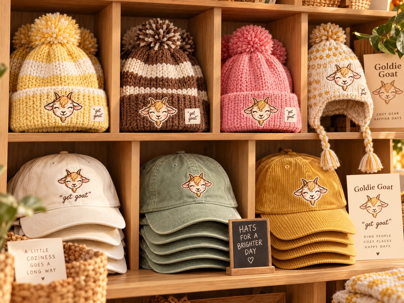 Concept Goldie embroidered cotton and corduroy caps, striped pom beanies and an earflap hat in wooden cubbies