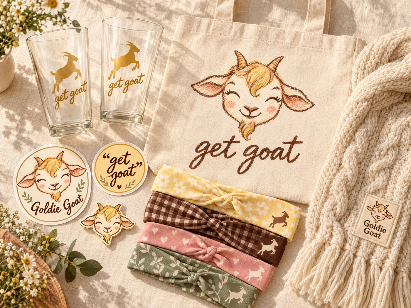 Concept Goldie pint glasses, canvas tote, goat stickers and pin, patterned headbands and cable-knit scarf