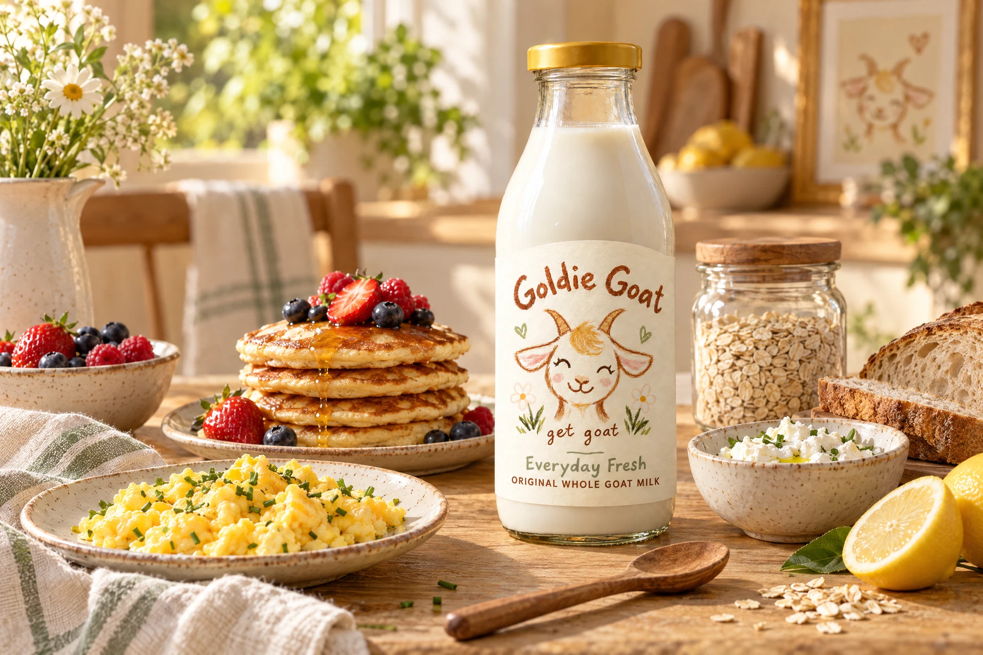 Goldie’s sunny kitchen concept with plain goat milk, cooked eggs, pancakes, oats and a bowl of fresh goat cheese