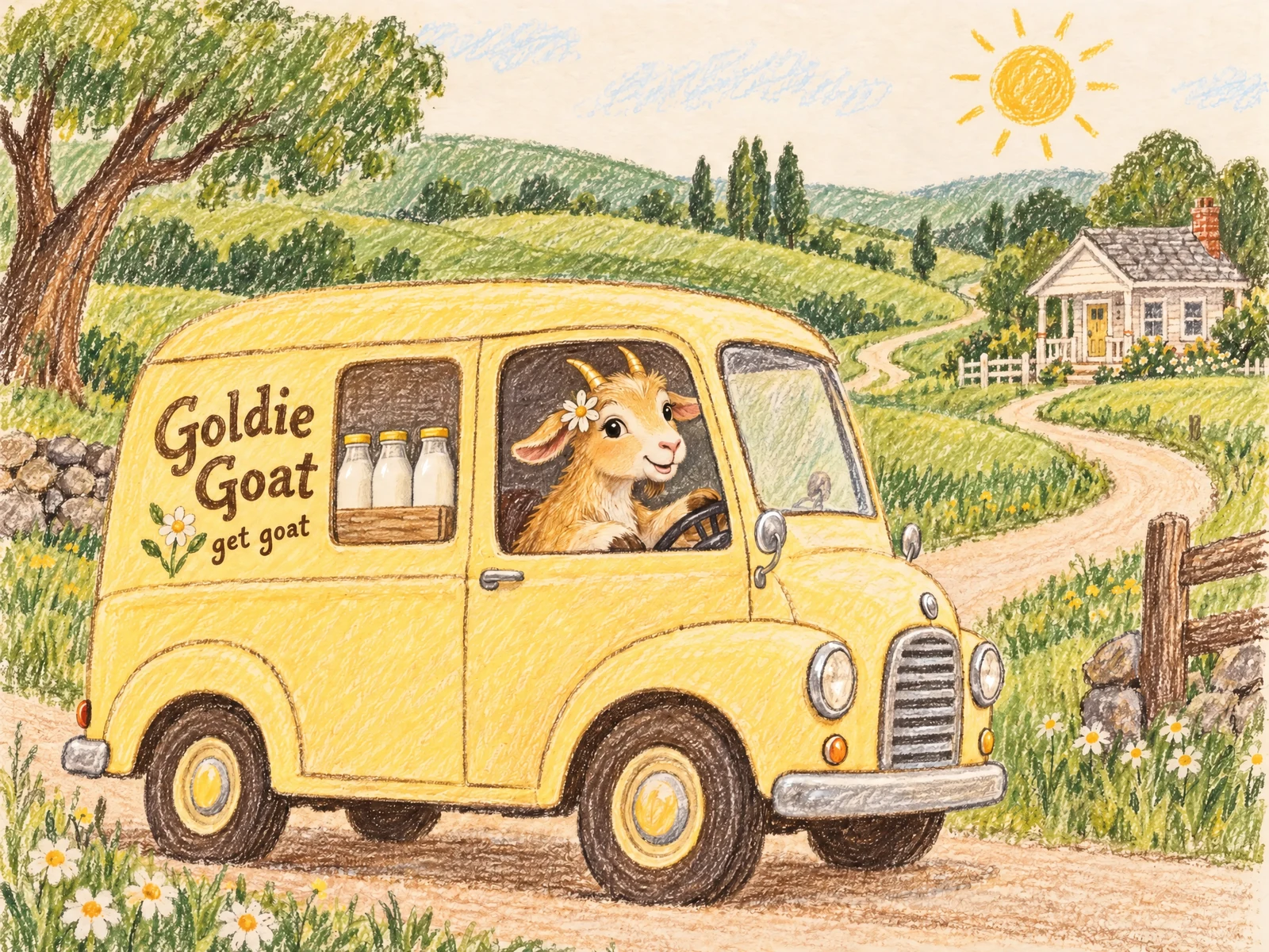 Crayon illustration of Goldie driving a vintage milk van through a meadow