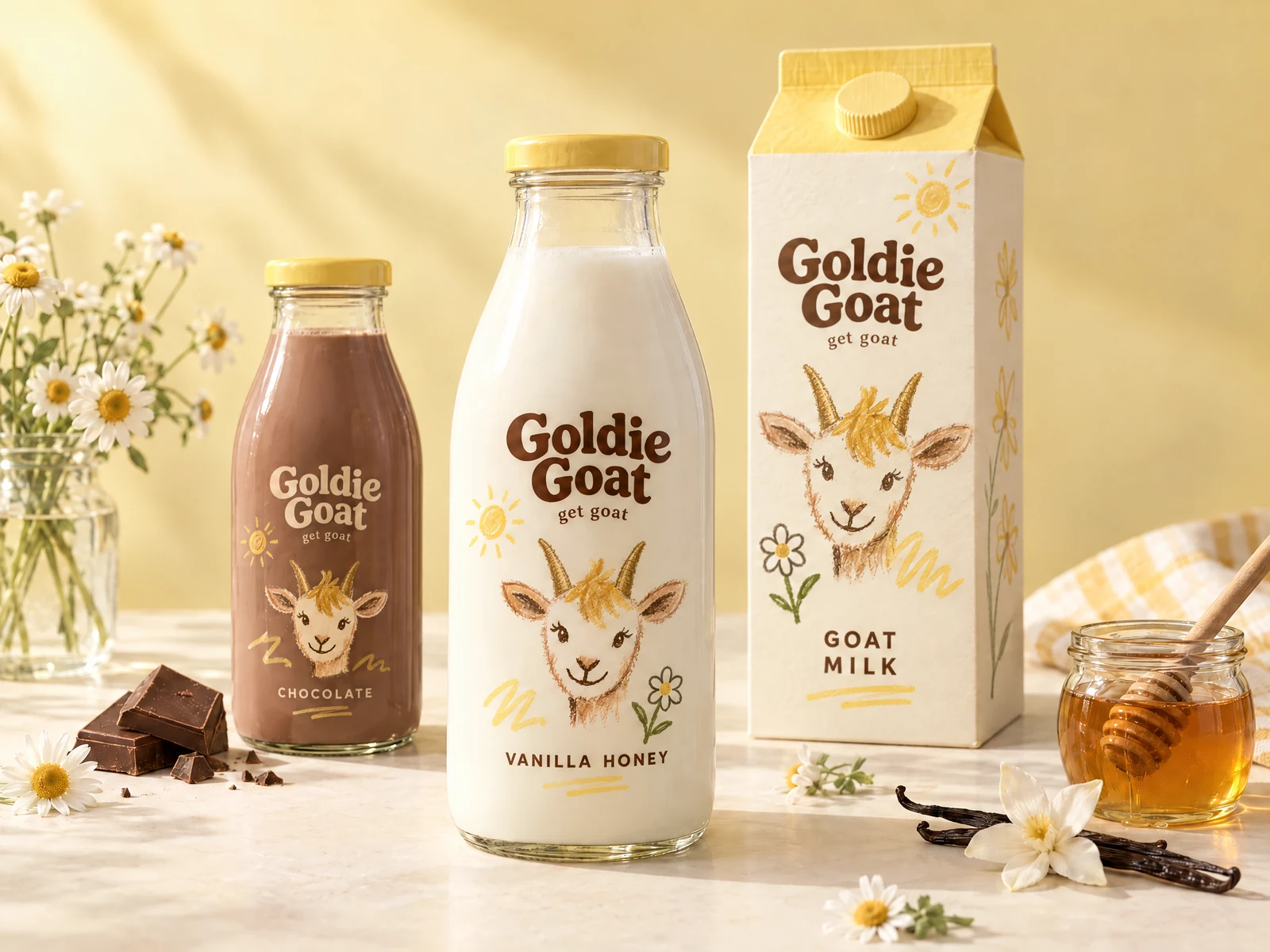 Goldie Goat glass milk bottles and a carton with whimsical crayon-drawn labels, a packaging concept